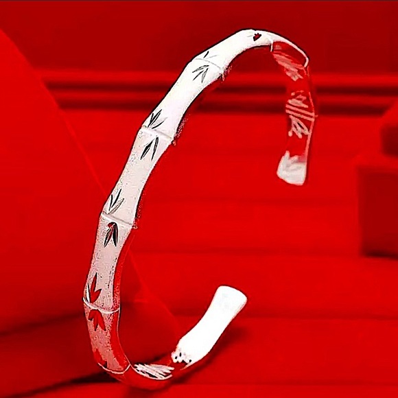 Engraved Vintage Sterling Silver Bamboo Design Cuff Bangle Bracelet - Picture 2 of 5